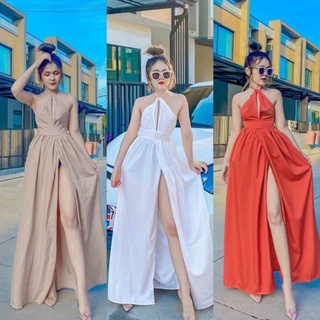 Maxi Dress แม็กซี่เดรสเชือกคล้องคอ เดรสผ้าไหมอิตาลี่ สีพื้น ผ่าแหวกหน้า เอวสม็อคหลัง