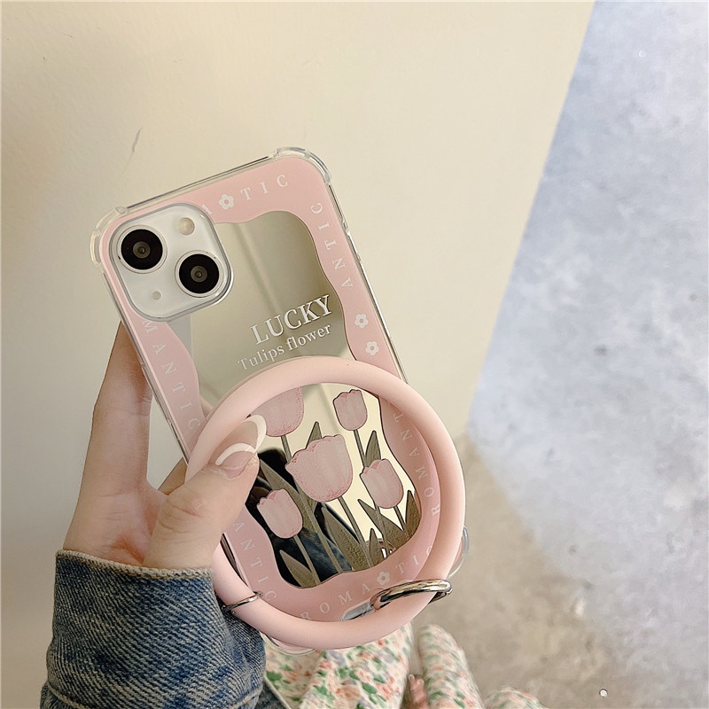 เคสป้องกันโทรศัพท์มือถือซิลิโคน ลายดอกไม้ มีกระจก สําหรับ Apple Iphone 13 14 15 12Pro 6 7 8 6Plus X XR Promax Mini-DINUO