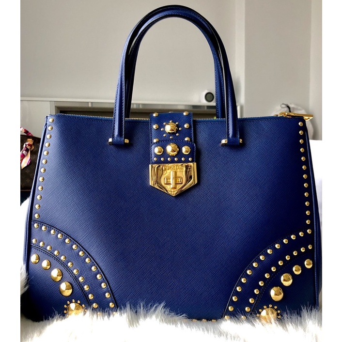 Prada Studded Saffiano Double Zip Tote