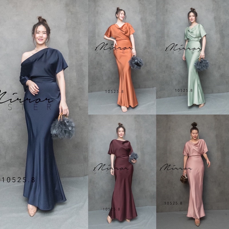 🏷️Mirrorsister #10525.8 เดรสยาวดีไซน์หรูหรา เดรสซาติน เรียบหรู ชุดออกงาน เพื่อนเจ้าสาว ชุดราตรี