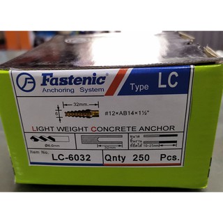 พุกมวลเบา​ ปุ๊กมวลเบา​ ปุ๊กอิฐมวลเบา​ ปุ๊ก​FASTENIC​ LC-6032 พร้อมเกลียวเหล็ก​ #12X1-1/2F​ กล่องละ250ชุด