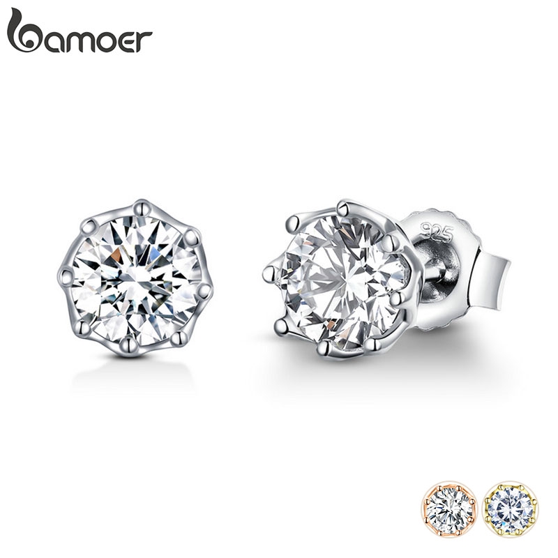 BAMOER 925 Sterling Silver Classic Clear Cubic Zircon ต่างหูสตั๊ด SCE499