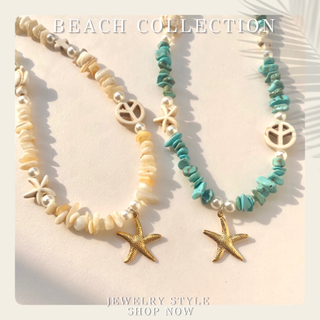 [JULIE NECKLACE] สร้อยหินสีเปลือกหอย/เทอควอยซ์ ประดับลูกปัดปลาดาว เต่าทะเล สไตล์ชาวเกาะ