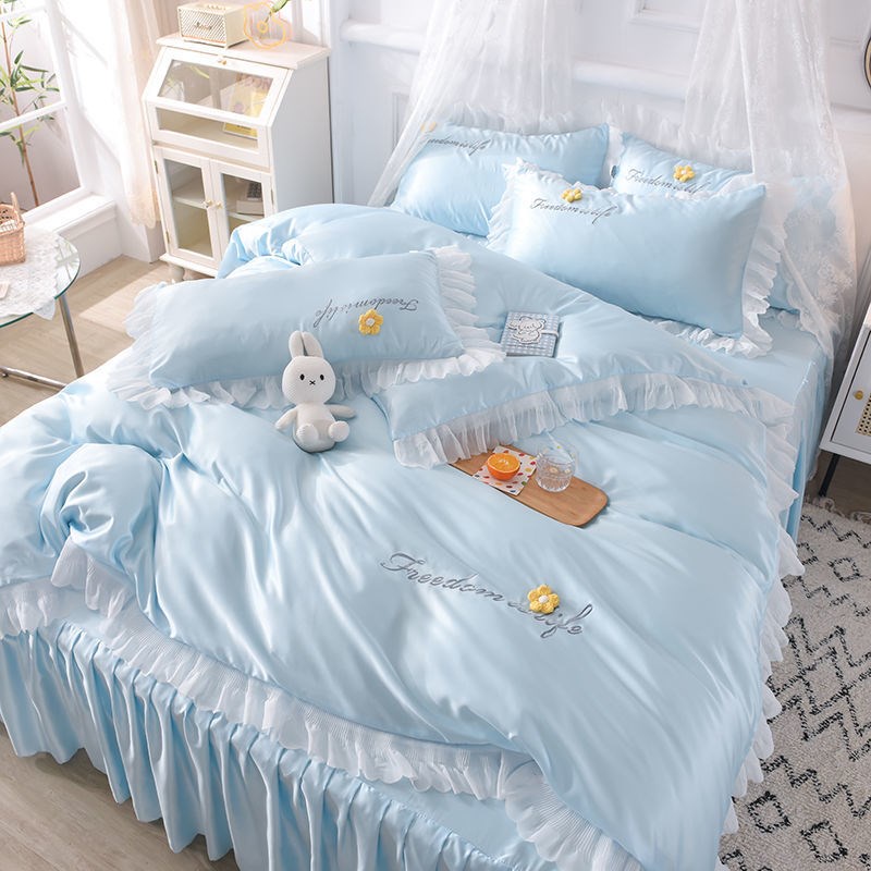 ผ้าปูที่นอน ชุดผ้าปูเตียง 5ฟุต 6ฟุต สีพื้น เนื้อผ้า Cotton นุ่มลื่น เย็นสบาย ลายน่ารัก 4 ชิ้น มินิมอล - JN01 ฟ้า