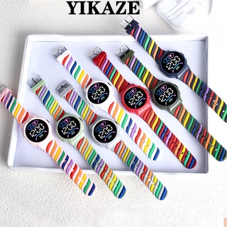 Yikaze ใหม่ นาฬิกาข้อมือดิจิทัล LED สายรุ้ง สายซิลิโคน กันน้ํา หน้าปัดกลม ลายยูนิคอร์น แฟชั่นสําหรับผู้ชาย และผู้หญิง