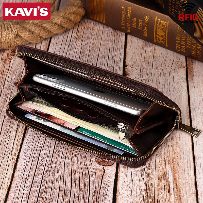 Kavis กระเป๋าสตางค์ หนังแท้ ใบยาว มีซิป สไตล์วินเทจ ใส่เหรียญได้ สําหรับผู้ชาย BP909 - รูปที่ 3