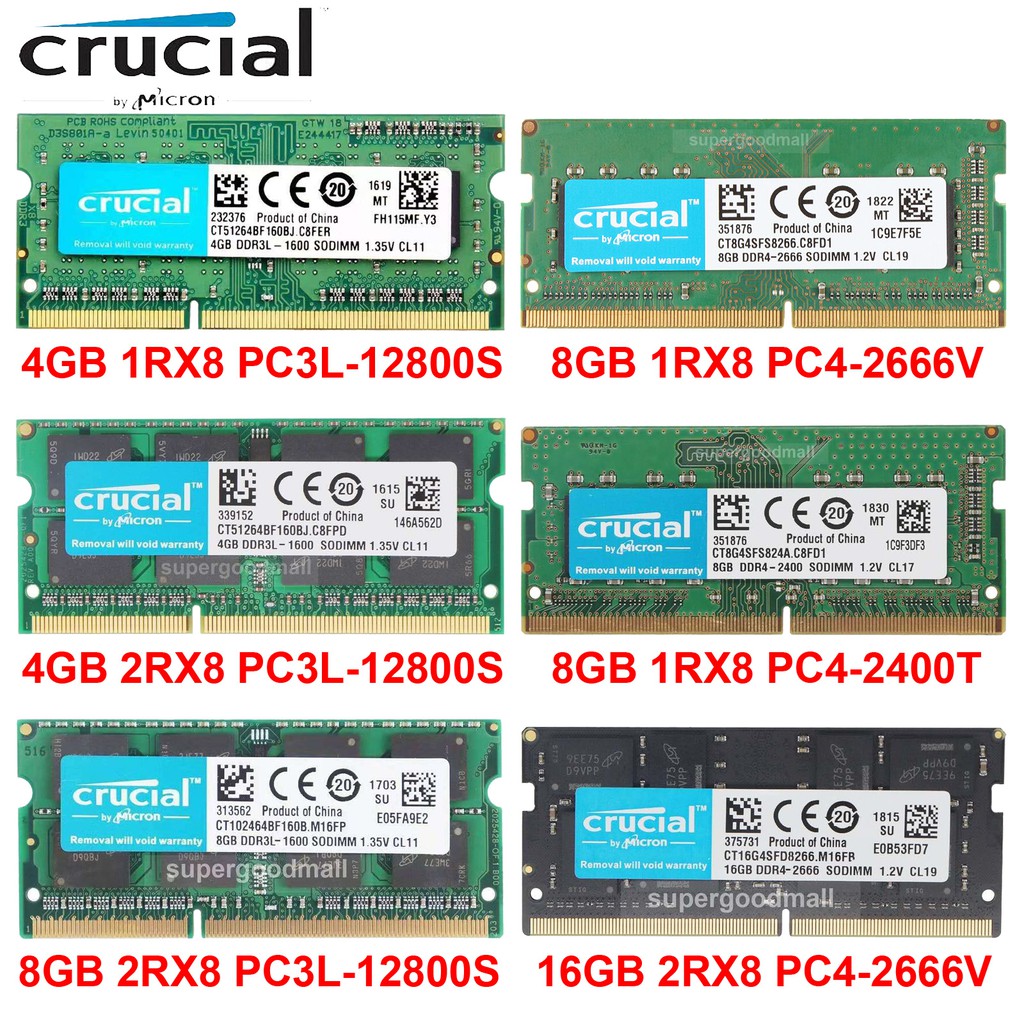 Crucial 4GB 8GB 16GB PC3L-12800S DDR3L-1600Mhz PC4-2666V 2400T DDR4-2666MHz 2400Mhz SODIMM Laptop Me