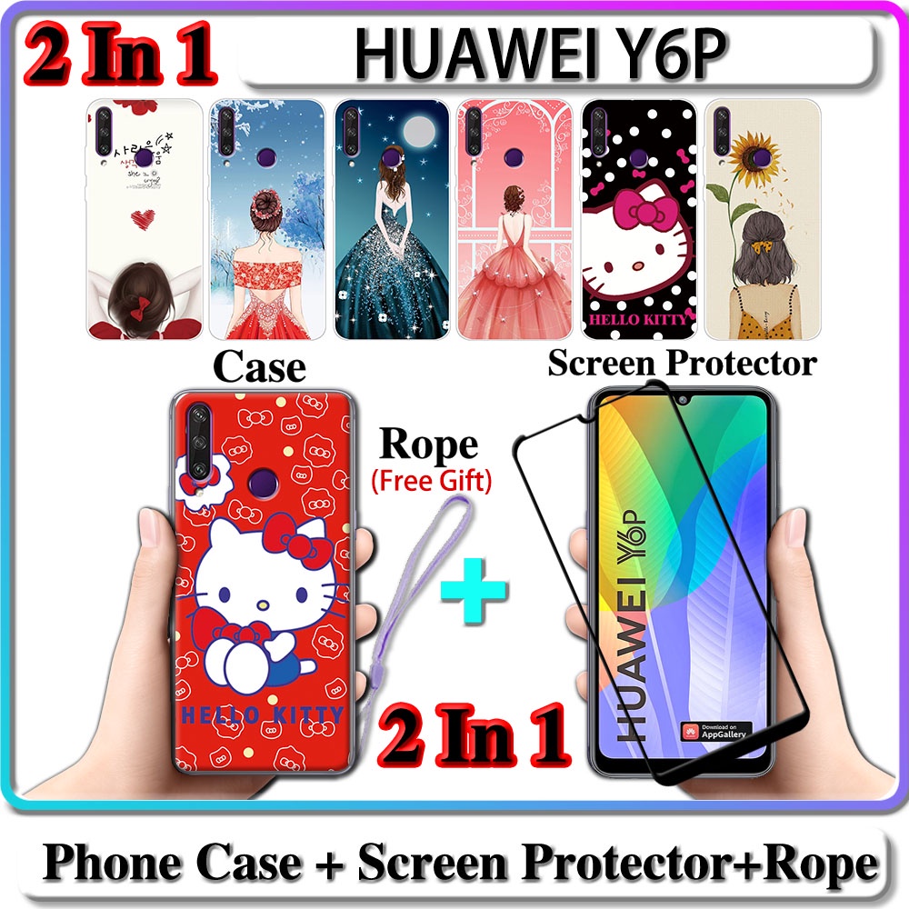 เคส 2 IN 1 เคส HUAWEI Y6P พร้อมกระจกนิรภัยตัวป้องกันหน้าจอเซรามิกโค้งสําหรับเด็กผู้หญิงและคิตตี้