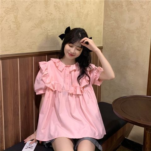 พร้อมส่ง ▽◆✜S-XL เสื้อชมพู เสื้อหวานญี่ปุ่น แขนสั้น แขนพอง คอตุ๊กตา ทรงหลวม มี 4 สีให้เลือก