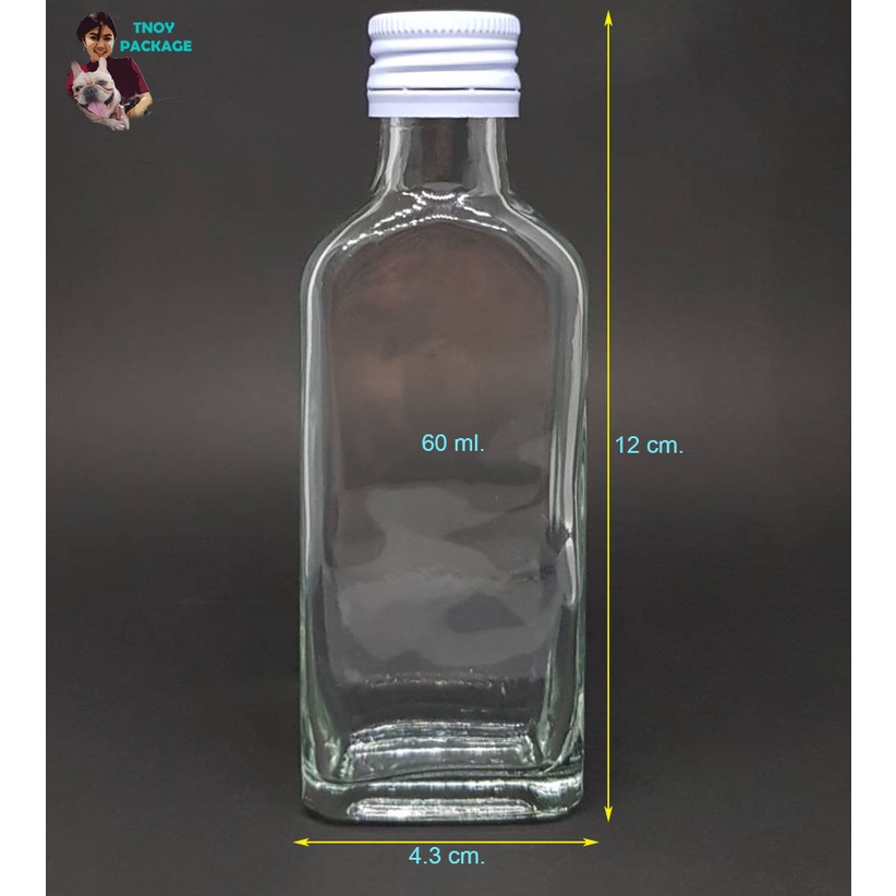 ขวด 60 มล. (12ใบ) ขวดแก้วแบน 60ml ขวดแก้ว ขวดใสแบนขนาด 60cc + ฝาโลหะ ฝาพลาสติก