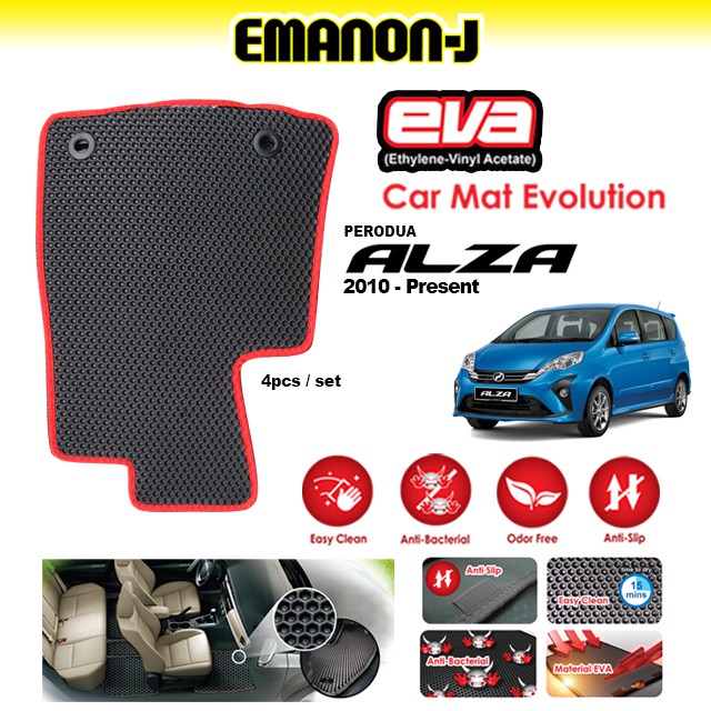 Emanon-J Eva Evolution พรมปูพื้นรถยนต์ป้องกันแบคทีเรียไร้กลิ่น Perodua Alza - สีแดง (4 ชิ้น)