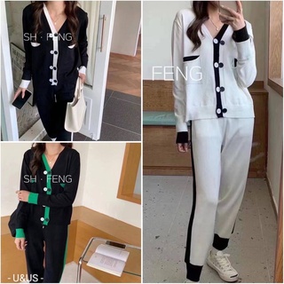 เสื้อเเขนยาวกระดุม+กางเกง​ Knitted sport set ผ้าไม่หนาไม่บาง มี​ 3 สีดำขอบขาว/ดำขอบเขียว​/ขาวขอบดำ