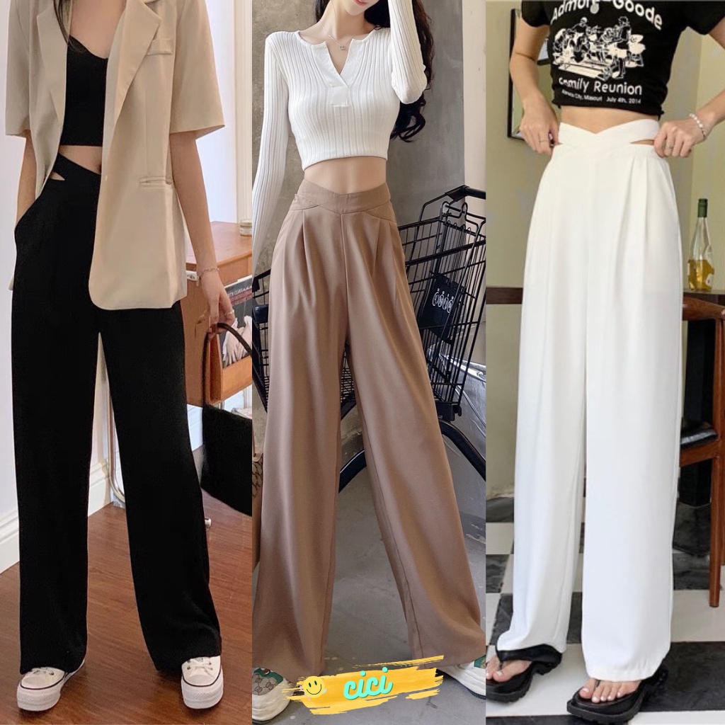 ส่งทันที Cici(NO. 237)กางเกงขายางกระบอกเอวเว้า ทรงสวยเนื้อผ้าดีไม่ยับ ใส่แมทช์ครอปปังมาก