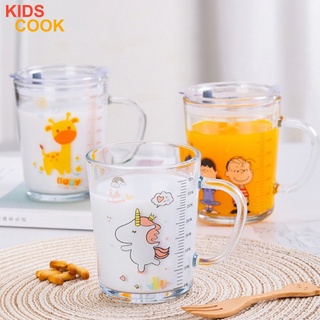 KIDSCOOK แก้วน้ำเด็ก ลายการ์ตูน พร้อมฝาปิดและหลอด (T)