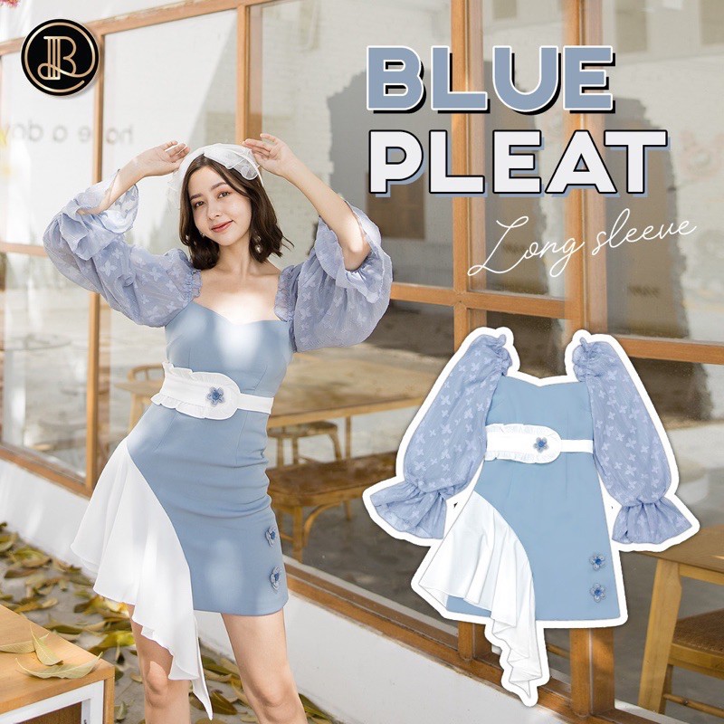 🦩Blue Pleat: BLT Brand น่ารักจนใจละลาย มินิเดรสสีฟ้า แขนพองยาวผ้าลายฟรุ้งฟริ้ง💞