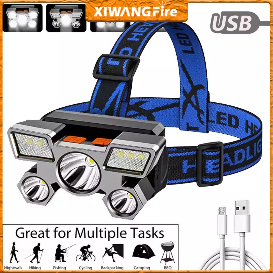 ไฟฉายสวมศีรษะ Led 5 ดวง แบตเตอรี่ 18650 ชาร์จ USB แบบพกพา สําหรับตกปลา ตั้งแคมป์ กลางแจ้ง