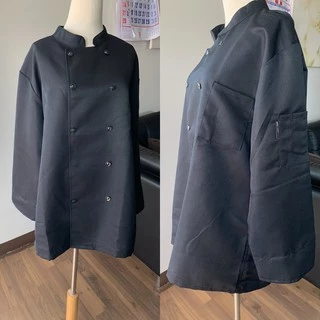 (M-5XL)เสื้อเชฟแขนยาวสีดำ มีกระเป๋าหน้าอก แต่งกระดุมคู่ตะเข็บด้านหน้า ผ้าใส่สบาย ไม่ร้อน #9700
