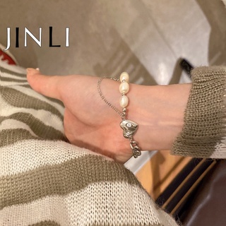 Jinli สร้อยข้อมือแฟชั่นผู้หญิงสร้อยข้อมือเงินจี้ไข่มุกหัวใจ
