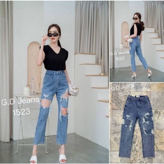 G.D.Jeans รุ่น 1523#กางเกงยีนส์แฟชั่นขายาวผ้าด้านทรงบอยสีฟอกแต่งขาดเซอร์ๆเก๋ๆ