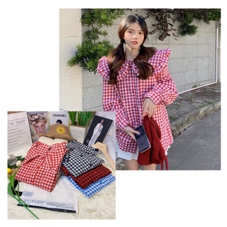 FK🌼พร้อมส่ง🌼 เสื้อแขนยาว ผ้าลายสก๊อต แต่งปกระบาย แต่งกระเป๋าที่อก ทรงสวย งานสไตล์เกาหลี