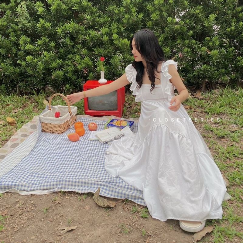 พร้อมส่ง Maxidress ผูกโบว์หลังแต่งระบาย (มี 3 สี)
