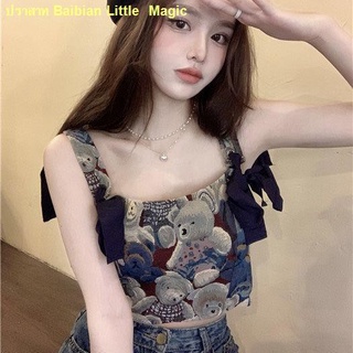 🍭คะนอง🍭Sling Bow Tie Cropped ผู้หญิงแขนกุดพิมพ์ลาย Drawstring Pure Desire Tank Top