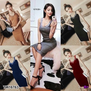 16763 เดรสสั้น ไหมพรม สายเดี่ยว คอวี ผ่าข้าง Short dress, knitted, one-shoulder, v-neck, side slit