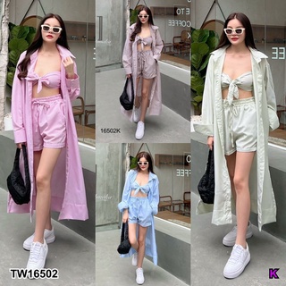 MF16502  เซต 3 ชิ้น เสื้อเชิ้ตกระดุมหน้าแขนยาวมาพร้อมผ้าผูกอก และกางเกงขาสั้นเอวยางยืดมีกระเป๋าล้วงข้าง เนื้อผ้าคอตต้อลล