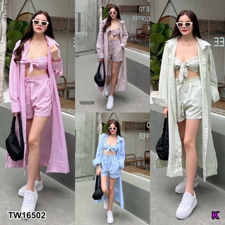 TW16502 Set 3 ชิ้น เสื้อเชิ้ตยาว + ผ้าผูกอก + กางเกงขาสั้น