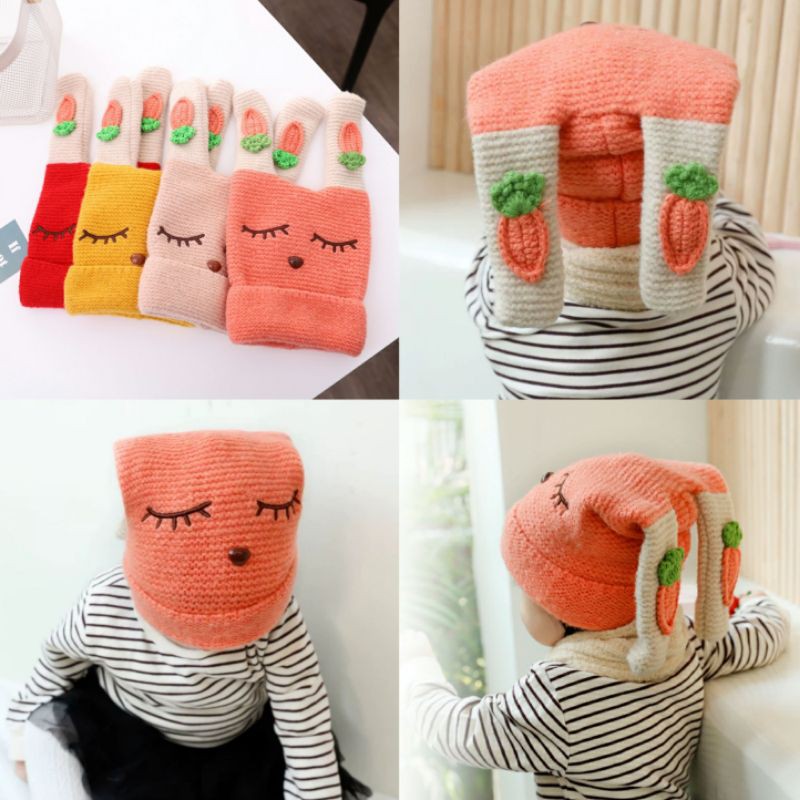 [พร้อมส่ง] หมวกเด็ก 6เดือน - 3ปี หมวกไหมพรมกันหนาว แต่งลายกระต่ายหลับตาหูยาว
