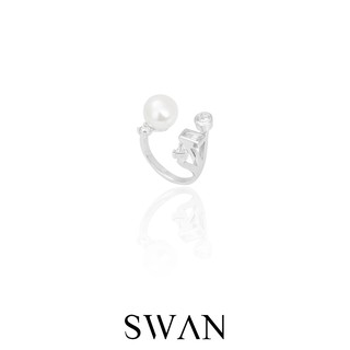 SWAN - Solitaire Pearl Open Ring แหวนเงินแท้ มุกแท้ มุกน้ำจืด ฝังเพชรคิวบิกเซอร์โคเนีย cubic zirconia ฟรีไซส์