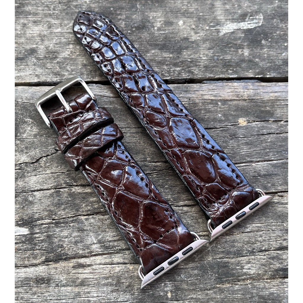 สายนาฬิกาหนังจระเข้แท้100% สีน้ำตาล สำหรับ Apple watch 42MM 44MM 45MM ตัวเชื่อมสีเงิน