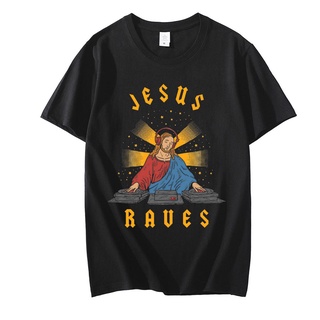 แขนสั้นcrew neckเสื้อยืดแขนสั้น ผ้าฝ้าย 100% พิมพ์ลาย Jesus Raves DJ สไตล์ฮิปฮอป ฮาราจูกุ แนวสตรีท แฟชั่นสําหรับผู้ชายS-