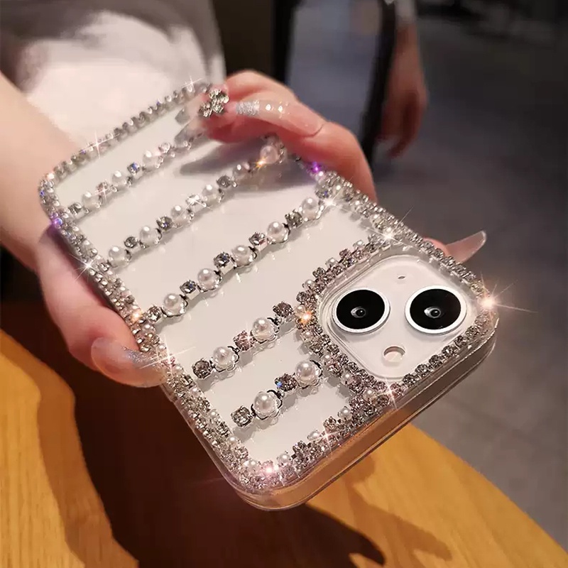 แฟชั่นBling Pearlเคสโทรศัพท์สําหรับIphone 17 12 13 Pro Max IP 14 Pro Max 15 16 Pro Max Glitterเพชรปล
