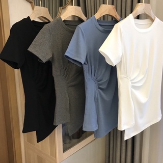 เสื้อยืดแขนสั้น ระบายข้างหน้า แฟชั่นตามสมัย อินเทรนด์ ผ้าเนื้อดี