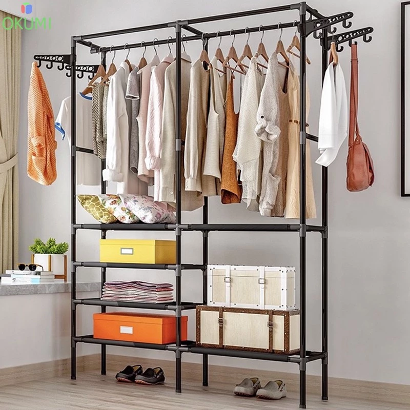 OKUMI_SHOP ราวแขวนผ้าทรงสี่เหลี่ยม ราวตากผ้า พร้อมชั้นวางของและตะขอแขวนหมุนได้360องศา (K-205)