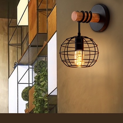 Vintage Wall Light E27 Industrial Design Modern โคมไฟข้างเตียงโคมไฟกรงทำจากเหล็กและไม้ห้องนอน Corridor ห้องนั่งเล่น - รูปที่ 3