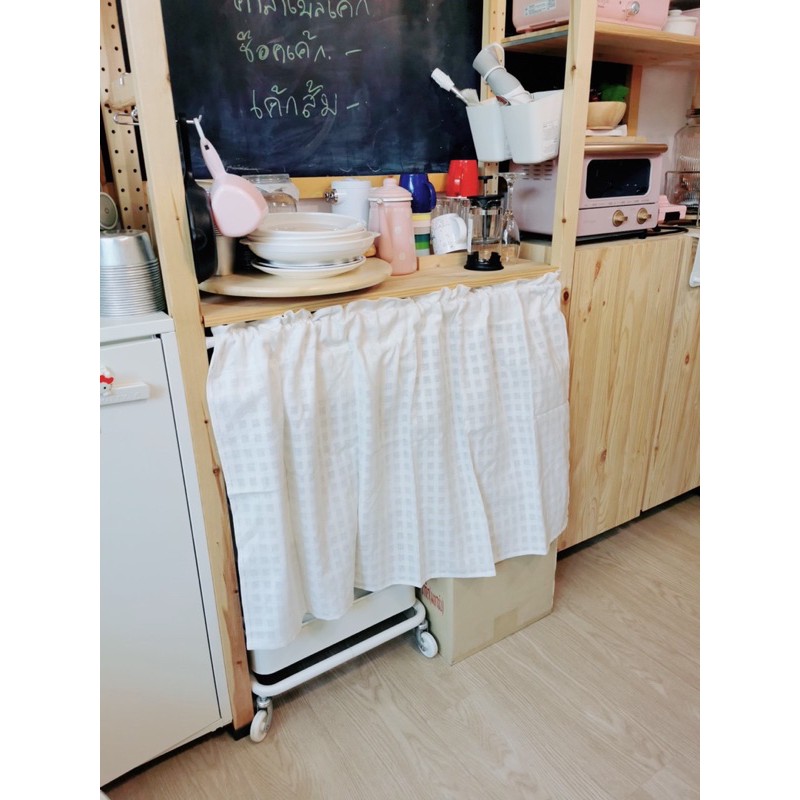 ผ้าม่านเคาท์เตอร์ครัว ผ้าฝ้ายสีขาว ลายตาราง แบบสั้น ขนาด 110x60cm ใช้ปิดซิงค์ หรือใช้กับครึ่งหน้าต่างได้ TTS60 - รูปที่ 4