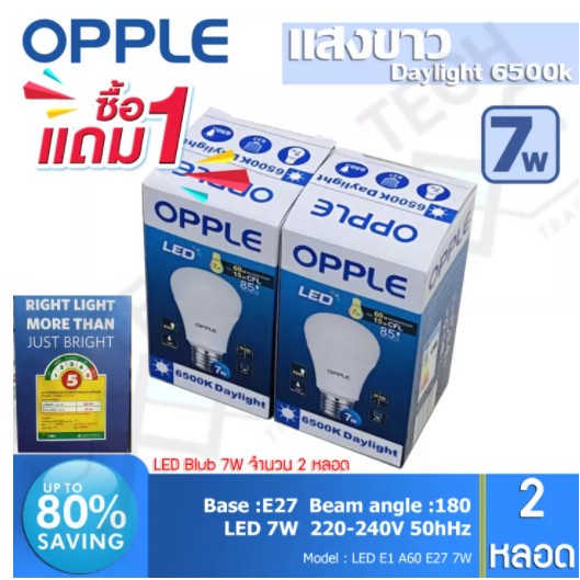 ซื้อ1แถม1 OPPLE หลอดไฟ LED 7W (มีฉลากประหยัดไฟเบอร์ 5) Daylight