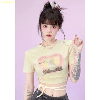 มีสินค้า✨⚓Sweet and Spicy Girl Irregular Strap Cat Print T-Shirt Slim Short Top Women