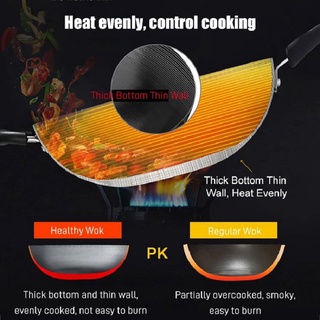┇✜✣430 Stainless Steel Frying Pan Chinese Handmade Wok Thick Non-stick Uncoated Round Bottom Household Pot Gas Cookware