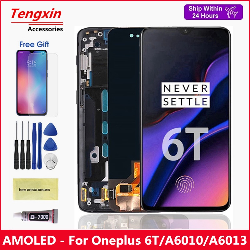 ทดสอบ 100% 6.41 "AMOLED จอแสดงผล LCD กรอบสําหรับ Oneplus 6T A6010 A6013 จอแสดงผล LCD Touch Screen Digitizer Assembly