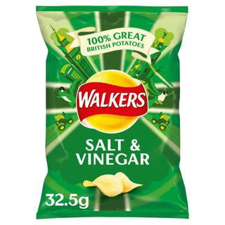 Walkers Salt &amp; Vinegar Potato Crisps 32.5g วอล์กเกอร์ มันฝรั่งทอดกรอบเกลือและน้ำส้มสายชู 32.5 กรัม แพ็ค 2 ชิ้น