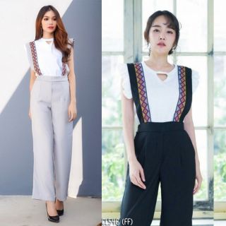 เซ็ต 2 ชิ้น เอี้ยมขายาวทรงกระบอกเก๋ตรงสายเอี้ยมแต่งด้วยผ้าทอลานสไตล์โบฮีเมี่ยนเอวยืดหลังใส่ง่ายมีกระเป๋าล้วงงานผ้าซาร่า