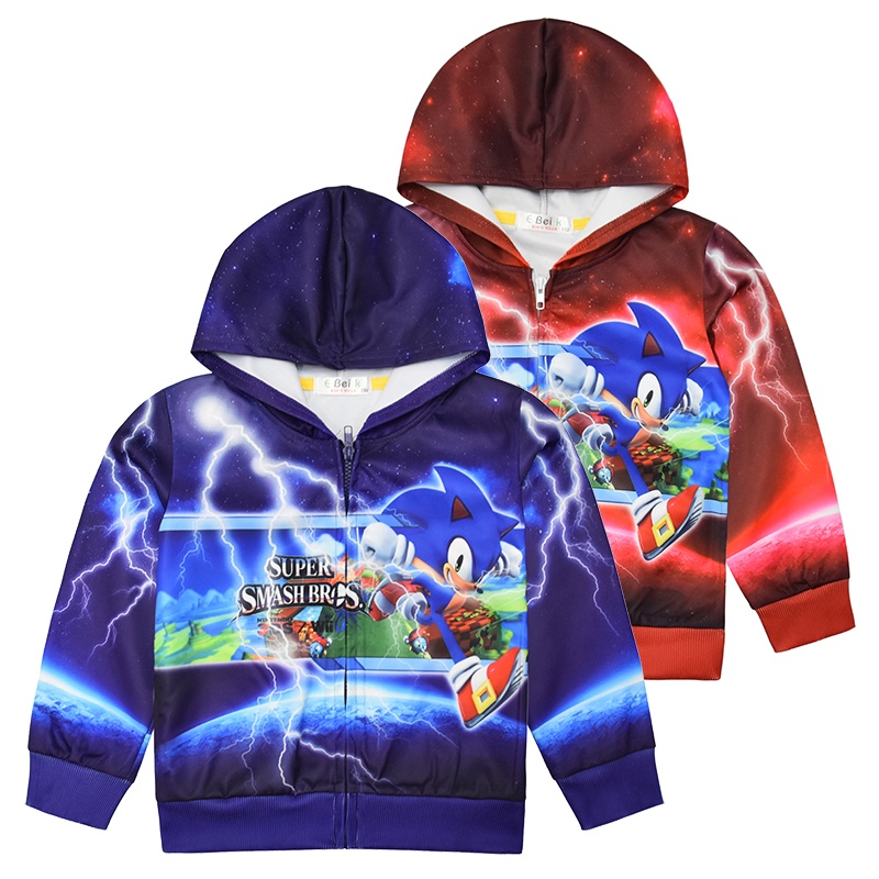 เสื้อแจ็กเก็ตแขนยาว มีฮู้ด แต่งซิป ลายเม่นโซนิค สีฟ้า สีแดง สําหรับเด็กผู้ชาย Sonic the Hedgehog