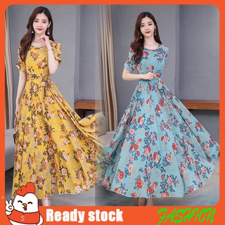 Casual womens Maxi Dresses ฤดูร้อนผู้หญิงดอกไม้ชีฟองแขนสั้นชายหาดแต่งตัวผู้หญิง a-line ชุดลำลอง