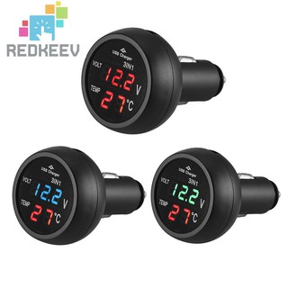 redkeev 3 in 1 12/24V Car Auto LED Digital Voltmeter Gauge+Thermometer+USB Charger