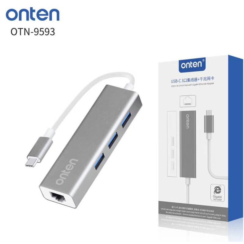 ONTEN OTN-9593 USB-C to 3-Port Hub with Gigabit Ethernet Adapter.