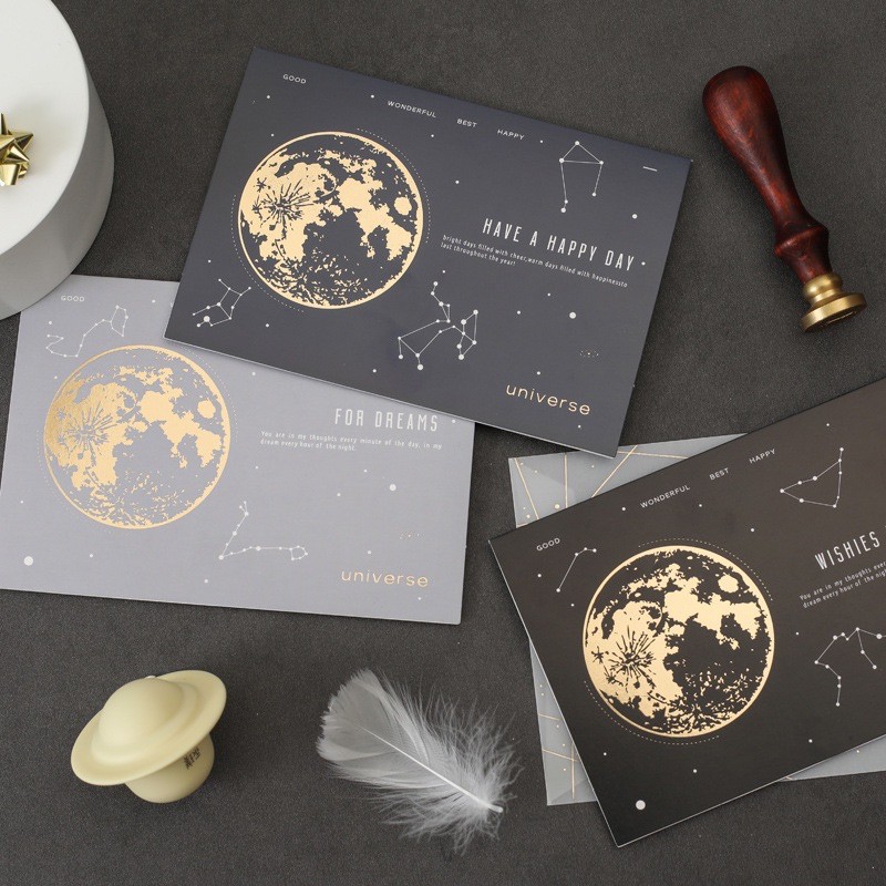 •พร้อมส่ง• การ์ดอวยพร Galaxy ลายปั๊มเมทัลลิคสีทอง พร้อมซอง