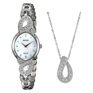 Seiko Womens Mother of Pearl Quartz Solar Watch Swarovski Bracelet Set SUP367P1